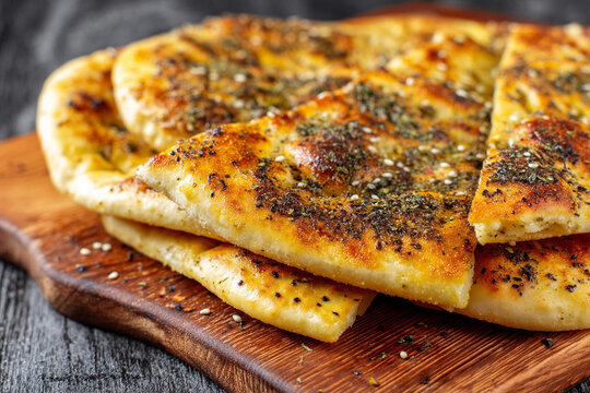 A close-up of Manaqish (flatbread with za'atar and olive oil), golden-brown and fragrant, a popular breakfast or snack.