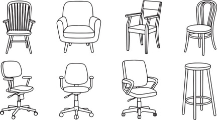 Various types of chair outline illustration collection for interior design concepts