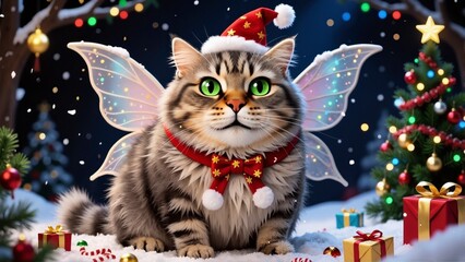 Christmas fairy cat with green eyes wearing a Santa hat and bow tie sitting among holiday decorations and presents in a snowy festive scene.