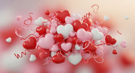 Pile of valentines hearts on a soft pink and red gradient backdrop