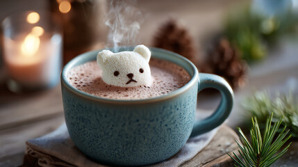くまのマシュマロ入りの温かいココアとティーカップ