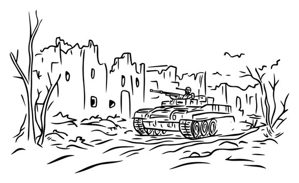 Armored Battle Tank Rolling Through War‑Torn City Ruins &ndash; Dramatic Line Art Illustration