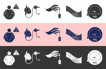 Metabolic syndrome glyph icon set includes visceral obesity, hypertension, insulin resistance, high triglycerides, low HDL cholesterol with different colors and background.