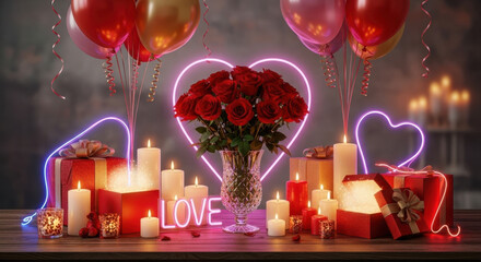 Romantic valentine's day scene with roses, gifts, candles, and balloons