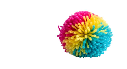 Colorful pom pom ball with pink, yellow, and blue strands isolated on transparent background, a playful and textured sphere of fun