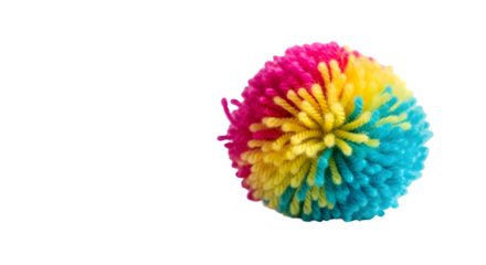 Colorful pom pom ball with pink, yellow, and blue strands isolated on transparent background, a playful and textured sphere of fun