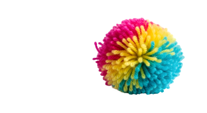 Colorful pom pom ball with pink, yellow, and blue strands isolated on transparent background, a playful and textured sphere of fun