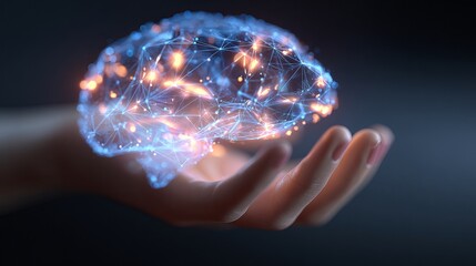 Unlock human potential with a glowing brain network resting in caring hands, explore AI, knowledge, creativity, and innovative intelligence solutions now