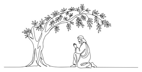 Solitary Figure Praying Beneath Ancient Olive Tree – Peaceful Spiritual Line Art Scene
