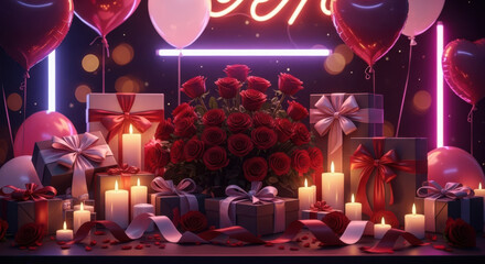 Romantic valentine's day gifts, roses, balloons, and candles celebration