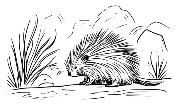 black and white hedgehog in natural setting clip art preview