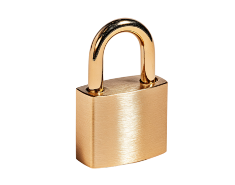 Golden padlock with rounded corners isolated on a transparent background