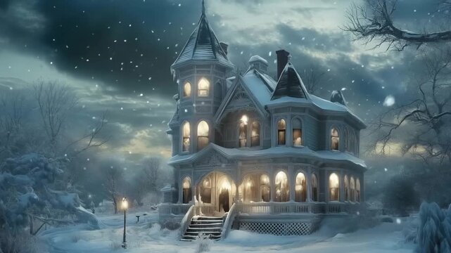 A Victorian-style Queen Anne house illuminated at night, surrounded by snow and trees.