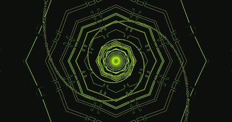 Seamless tunnel video loop displaying geometric shapes in vibrant green and black tones