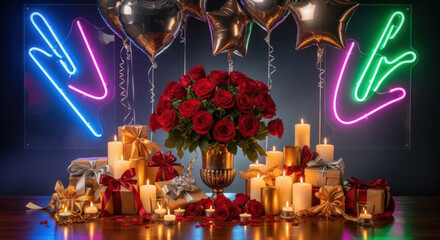 Romantic celebration with roses, gifts, candles and neon signs
