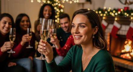 Group of diverse friends toasting champagne glasses near a fireplace with Christmas stockings, celebrating joyful holiday season.