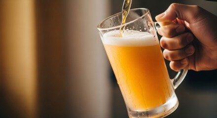 Hand holding a glass mug as beer is poured, creating foam. Refreshing drink for party, celebration and happy hour.