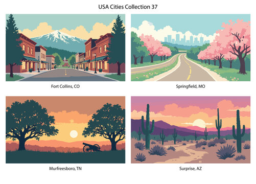 Fort Collins, CO, Springfield, MO, Murfreesboro, TN, Surprise, AZ Flat Vector Poster Collection
