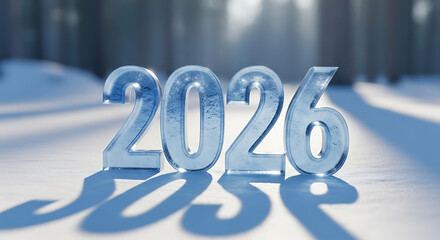 Crystal clear ice numbers of 2026 casting long shadows on a snowy winter landscape