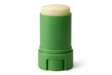 Green lip balm stick for personal daily skincare, applying moisture to lips, transparent background