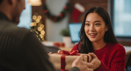 Asian woman receiving a gift box from a man, concept of exchange, holiday celebration, giving and receiving presents for Christmas.