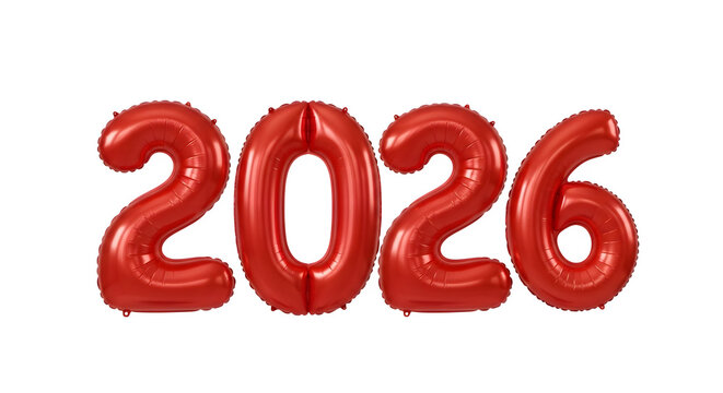 Red foil balloons in the shape of the year 2026 floating and isolated on transparent background for new year celebration