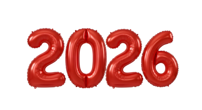 Red foil balloons in the shape of the year 2026 floating and isolated on transparent background for new year celebration