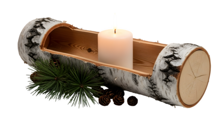 Birch log candle holder with pine sprig isolated on transparent background creates a cozy and rustic ambiance for any space