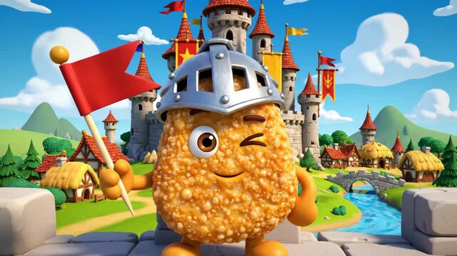 Cartoon knight with castle and mountain scenery illustration