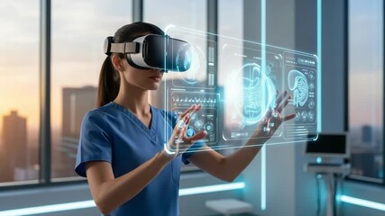 A doctor uses virtual reality to examine a patients anatomy in a modern hospital - Powered by Adobe