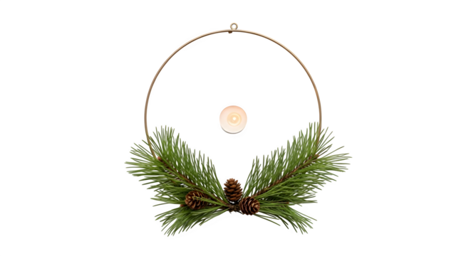 Festive christmas wreath with pine branches and pine cones isolated on transparent background, perfect for holiday decoration