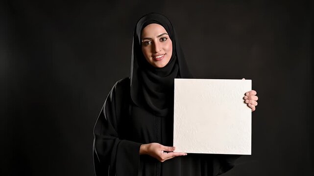 A confident young woman wearing a hijab and traditional clothing holds a blank canvas while raising her right hand in a gesture of greeting or affirmation against a dark background