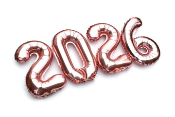 On a white background there are inflatable pink number balloons.	