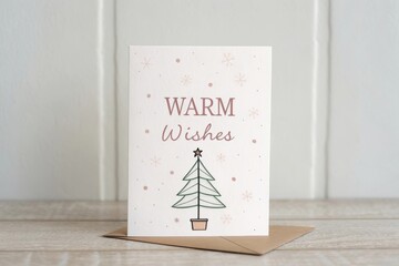 Warm Wishes Greeting Card Mockup with Minimal Line-Art Tree Illustration and Soft Neutral Background Display