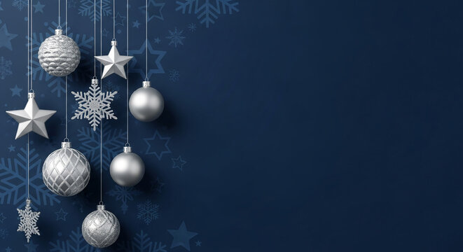 Festive display of silver ornament, star, and snowflake hanging against blue backdrop, representing celebration, holiday, and decorative element with free space - Powered by Adobe