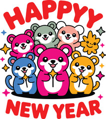 Cute Kawaii Happy New Year Illustration with Adorable Animals Holding Stars | Festive Colorful Cartoon Character Design for Holiday Greeting Cards, Kids Apparel, Stickers & T-Shirt Prints