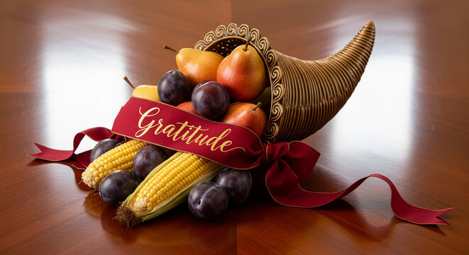 Cornucopia filled with fruit, including pear, plum, and corn. A red ribbon with gratitude text signifies thankfulness, harvest, or Thanksgiving day