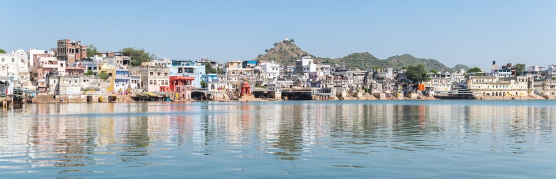 views of pushkar lake and ghats, india	