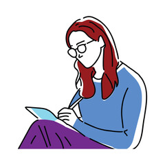  Illustration of a woman focused on writing on a tablet, showcasing creativity and modern technology, line with flat vector illustration