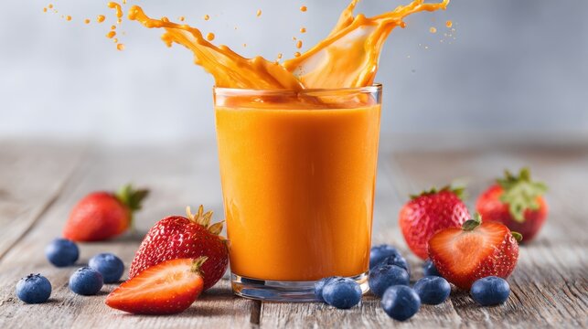 A vibrant orange smoothie splashes from a clear glass, creating a joyful scene. Fresh strawberries and blueberries are scattered around on a rustic wooden table, highlighting delicious ingredients.