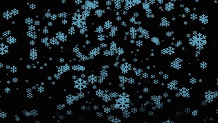 Light blue snowflakes of varying sizes are scattered against a stark black background, creating a wintery, festive, and abstract design