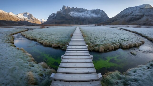 Frosty Wooden Bridge Over Clear Stream Leading To Snowy Mountain Peaks In Early Morning Light - Powered by Adobe