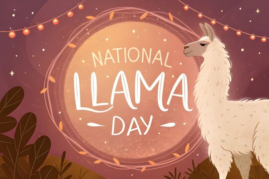 National Llama Day Cartoon Graphic with String Lights and Warm Sunset Colors