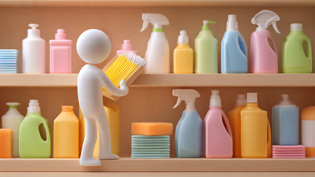 A clean 3D figure organizing and cleaning a shelf with household supplies.