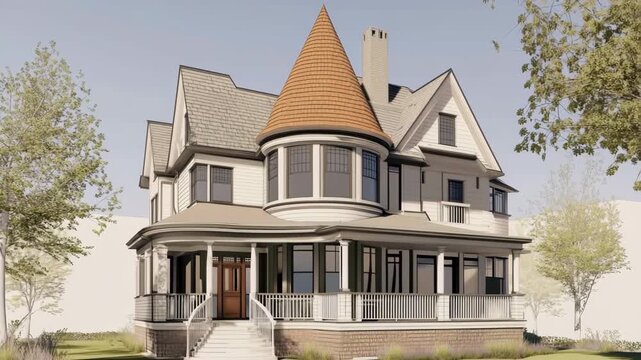 Victorian-style Queen Anne house with a turret and wraparound porch.