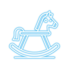 A stylized, glowing blue outline of a rocking horse, presented in a minimalist, graphic design.