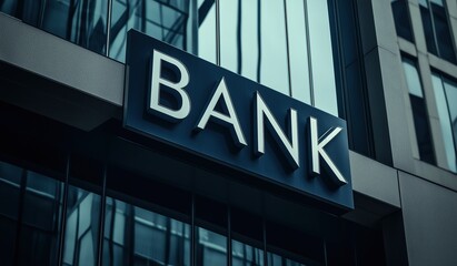 Fototapeta premium Black modern sign with the word bank on it against dark blue and gray background in an office building setting
