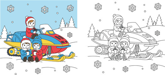 Vector coloring book page for kids featuring three happy children sitting on a snowmobile and drinking hot cocoa in a snowy winter landscape, with color guide illustration.
