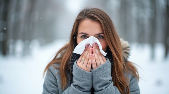 Faceless woman using tissue for nose outdoors defocused winter snowy background seasonal cold symptoms respiratory illness weather related sickness winter health issues 