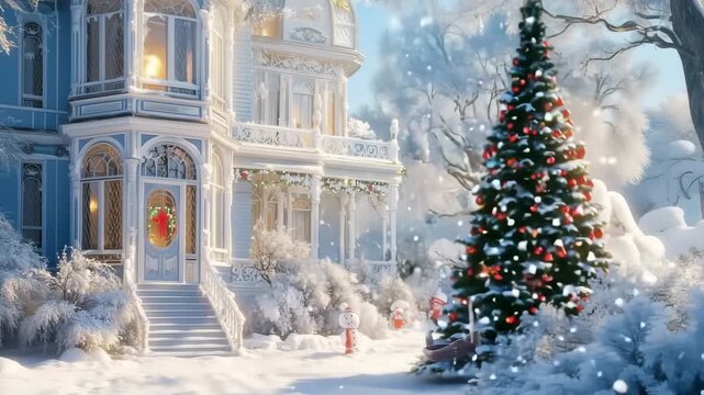 Victorian Queen Anne house in winter with Christmas decorations and snow.